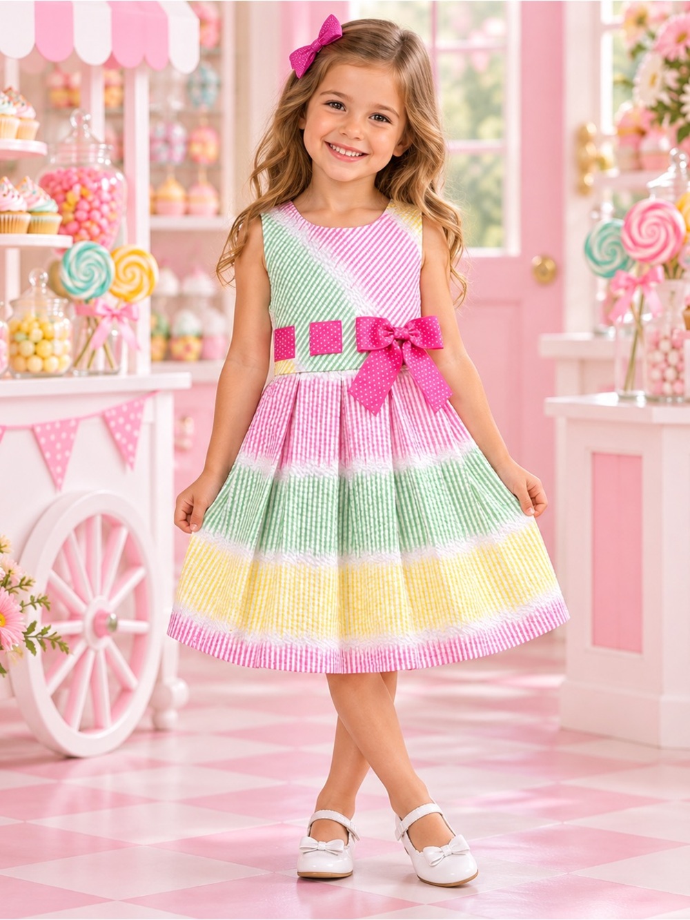 Bonnie Jean Girls size 5 Pink Green Yellow Seersucker Bow Dress EUC